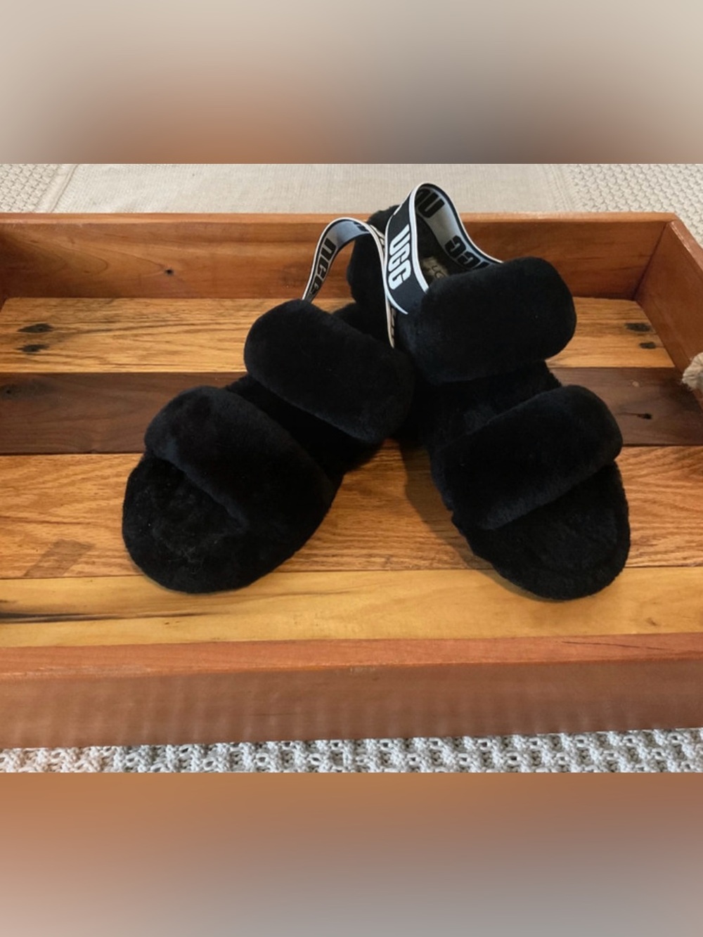 UGG Black Plush Double-Band Slide with Branded Elastic Heel size 8